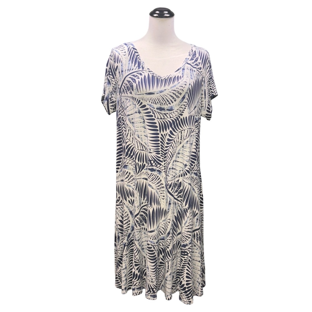 Tahari Palm Leaf Print Midi Dress Women 1X Blue White Stretch Tropical Coastal
